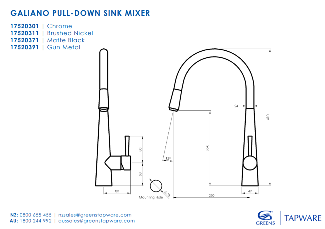 Greens Galiano Pull Down Sink Mixer Brushed Nickel