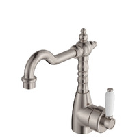 Fienza Eleanor Shepherds Crook Basin Mixer Brushed Nickel with White Ceramic Handle