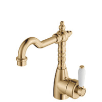 Fienza Eleanor Shepherds Crook Basin Mixer Urban Brass with White Ceramic Handle