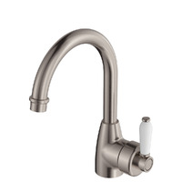 Fienza Eleanor Gooseneck Basin Mixer Brushed Nickel with White Ceramic Handle