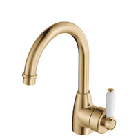 Fienza Eleanor Gooseneck Basin Mixer Urban Brass with White Ceramic Handle