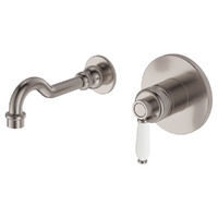 Fienza Eleanor Wall Basin/Bath Mixer Set Brushed Nickel with White Ceramic Handle