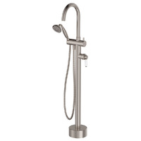 Fienza Eleanor Floor Mounted Bath Mixer Brushed Nickel with White Ceramic Handle