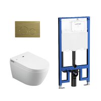 Lafeme Sesto Wall Hung Rimless Smart Toilet With Brushed Gold Flush Plate