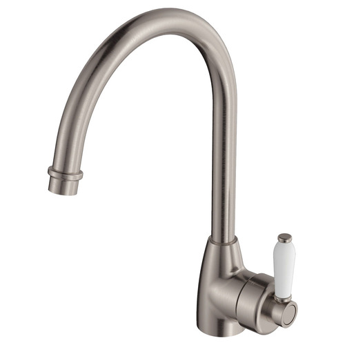 Fienza Eleanor Gooseneck Sink Mixer Brushed Nickel with White Ceramic Handle