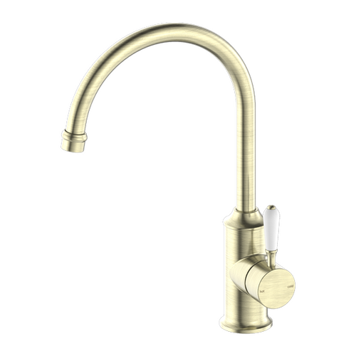 Nero York Kitchen Mixer Gooseneck Spout With White Porcelain Lever Aged Brass NR69210601AB