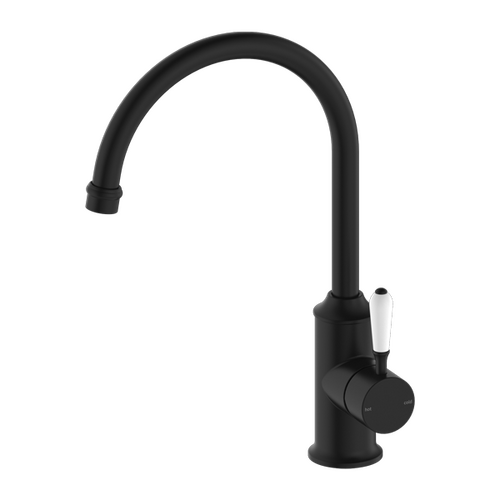 Nero York Kitchen Mixer Gooseneck Spout With White Porcelain Lever Matte Black NR69210601MB