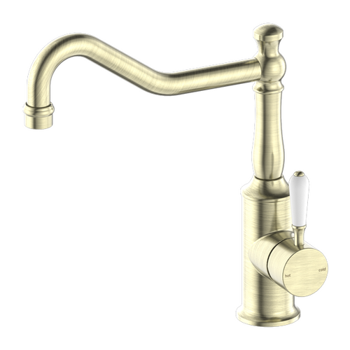 Nero York Kitchen Mixer Hook Spout With White Porcelain Lever Aged Brass NR69210701AB
