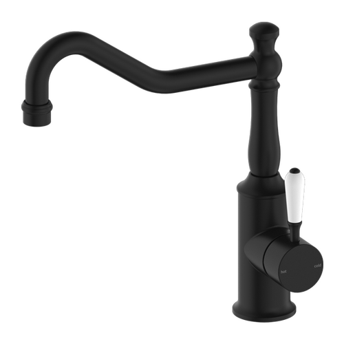 Nero York Kitchen Mixer Hook Spout With White Porcelain Lever Matte Black NR69210701MB