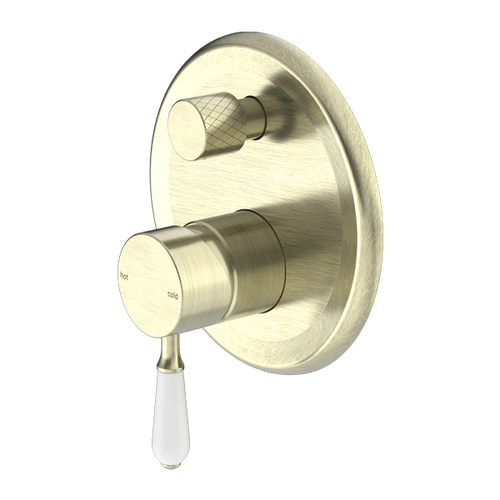 Nero York Shower Mixer With Divertor With White Porcelain Lever Aged Brass NR692109a01AB