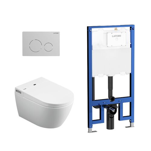 Lafeme Sesto Wall Hung Rimless Smart Toilet With Brushed Nickel Flush Plate